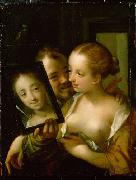 Hans von Aachen Scherzendes Paar mit einem Spiegel oil painting